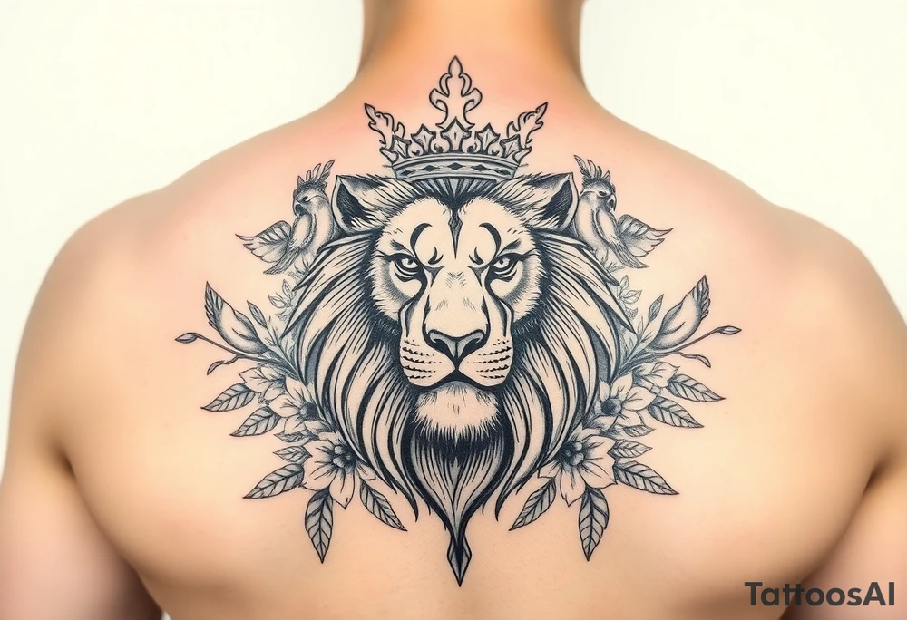 powerful majestic lion with a crown, surrounded by floral ornaments and birds tattoo idea