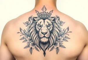 powerful majestic lion with a crown, surrounded by floral ornaments and birds tattoo idea