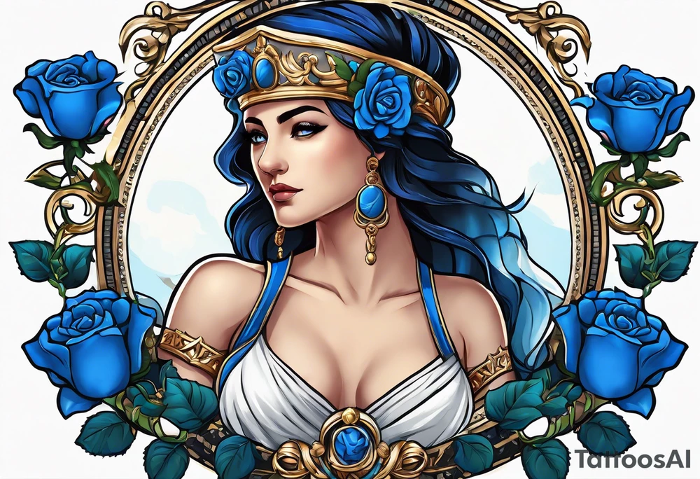 ancient rome clothes ,women,,ancient scale in one hand, blue rose frames, justicia ,keeps  scale tattoo idea