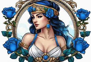 ancient rome clothes ,women,,ancient scale in one hand, blue rose frames, justicia ,keeps  scale tattoo idea