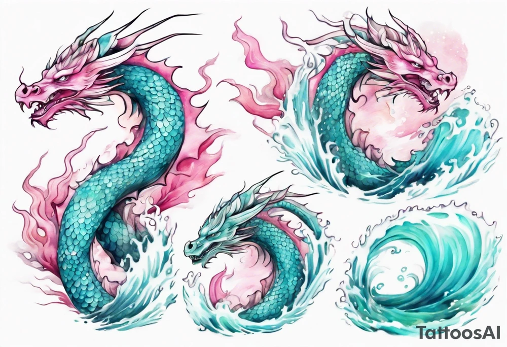 a beautiful turquoise pink and white dragon rising from the waves of the sea with a feminine face tattoo idea