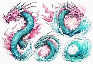 a beautiful turquoise pink and white dragon rising from the waves of the sea with a feminine face tattoo idea