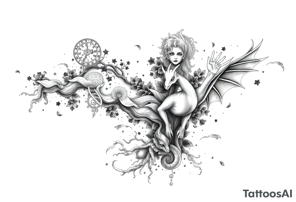 Surreal black and white tattoo concept for the left arm and back. The design should flow like a river or mist, forming a dreamlike mural. Hidden within the flowing patterns are subtle elements from Naruto and One Piece (Itachi, Sharingan, Luffy, Zoro), Norse and Greek mythology (Odin, runes, Athena), nature (roots, water, wind, trees), and angelic forms. Seamlessly woven into the background are the three gargoyle characters from Disney’s Hunchback of Notre Dame. The layout must feel organic, with smooth transitions and soft shading. Leave areas of skin visible to create depth. Avoid clearly outlined characters – they should blend into the composition like illusions tattoo idea