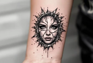 A shattered mirror reflecting different versions of a person’s face, surrounded by swirling silver mist, representing identity and self-discovery. tattoo idea