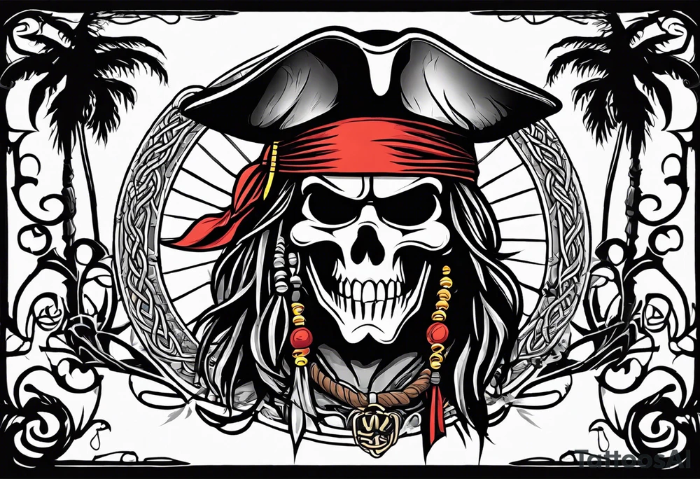 mickey mouse as captain jack sparrow with palm trees and celtic symbol for family tattoo idea