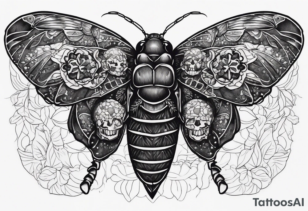 Cicada stippled and shaded with human skulls on top and bottom tattoo idea