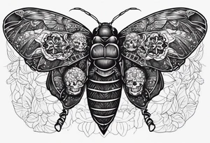 Cicada stippled and shaded with human skulls on top and bottom tattoo idea