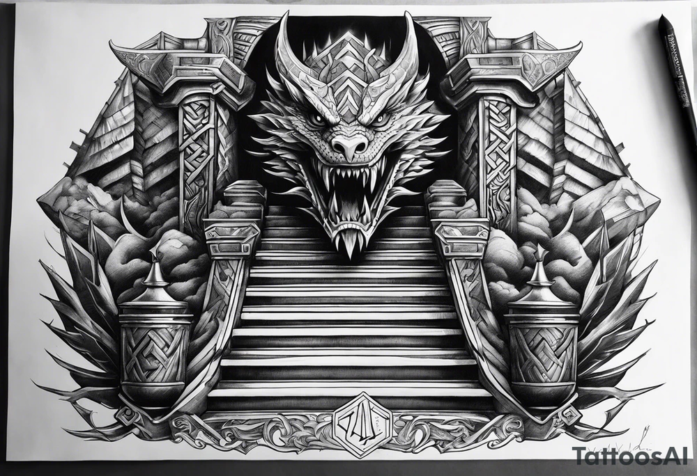 Valhalla sword shield dragon axe Valknut stairs tattoo idea