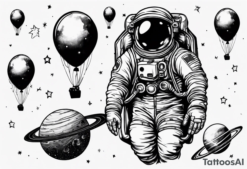 astronaut holding several balloons but balloons are planets tattoo idea