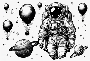 astronaut holding several balloons but balloons are planets tattoo idea