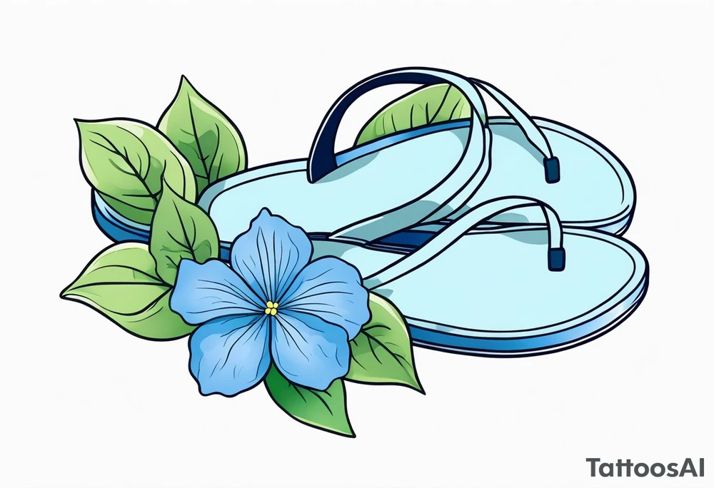 small tattoo of a single pastel blue flip flop surrounded by blue and periwinkle hydrangea flowers with green leaves tattoo idea