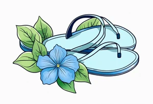 small tattoo of a single pastel blue flip flop surrounded by blue and periwinkle hydrangea flowers with green leaves tattoo idea