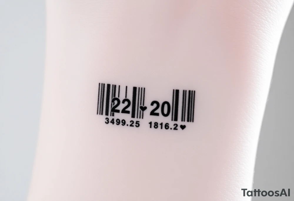 A sleek, minimalist barcode with the couple’s wedding date (22 - 12 - 2012) hidden in the numbers, symbolizing a love marked in time tattoo idea