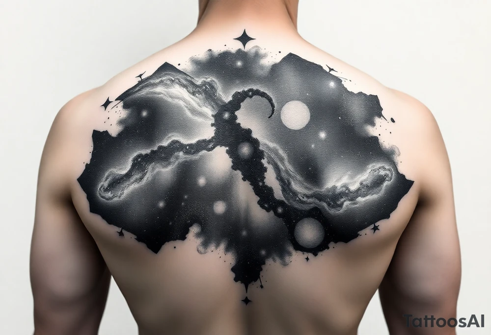 Beautiful and epic 3d milky way that appears to be what is beneath the skin. Make it drape over the shoulder and move to the middle back. use negative spaces to create stars and dust. Incorporate God breathing life into the universe. IKeep it symmetrical tattoo idea