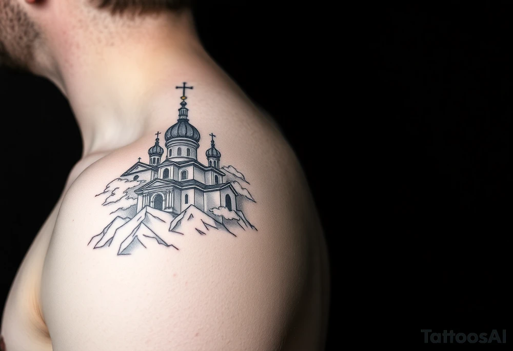 russian orthodox christian left arm tattoo with st basils cathederal in a mountainous setting with clouds tattoo idea