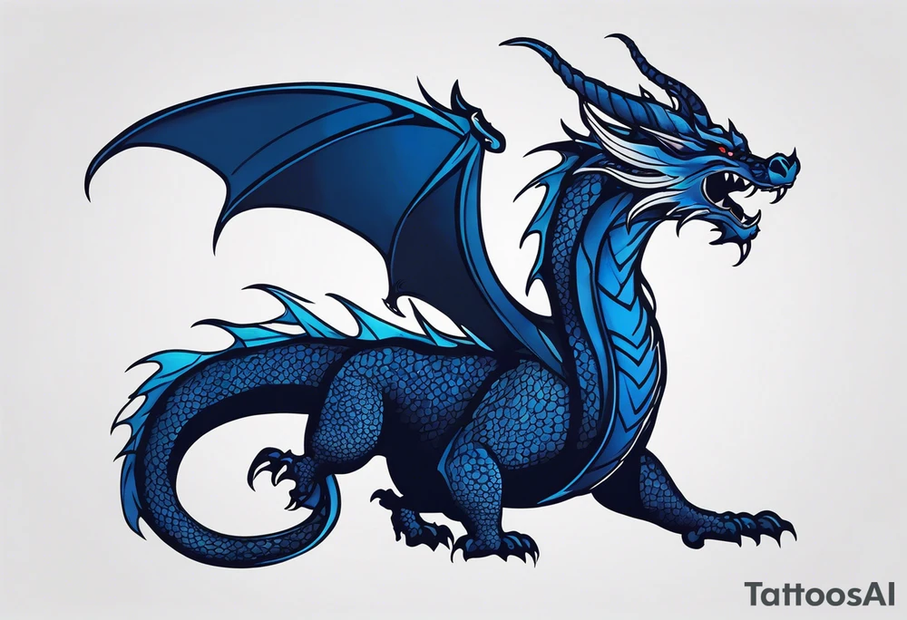 An epic floating dragon. Its long body coiling dynamically, with scales and horns detailed to create a sense of movement and strength. The dragon's main color is midnight blue, giving a vibrant depth and a mystical aura. This tattoo highlights the dragon’s fierce expression and sharp claws. tattoo idea
