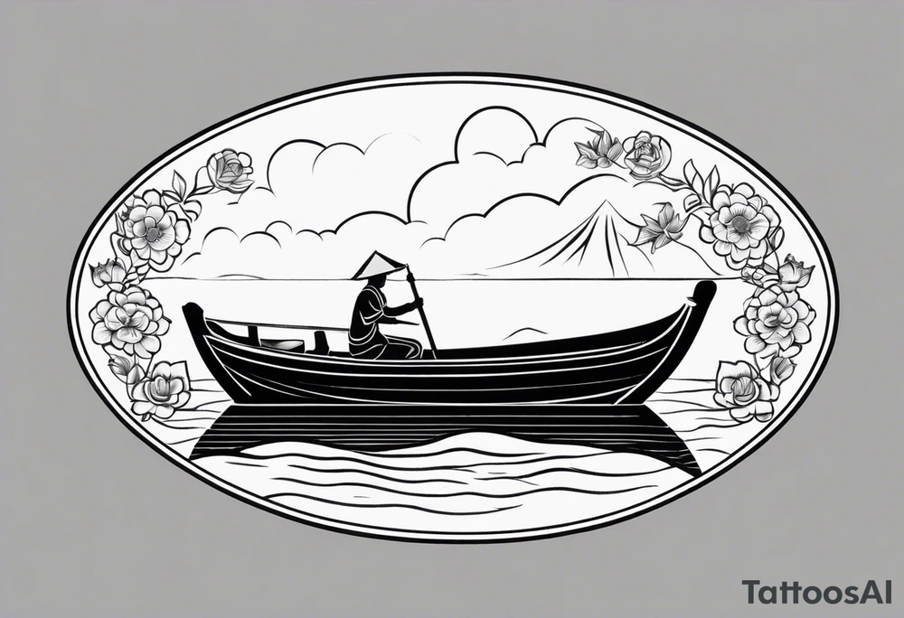 Create an oval-shaped frame inside the oval. At the center of the oval, place a traditional Thai long-tail boat decorated with flowers at its bow, as is customary. The boat should be floating on open water with gentle waves, and beneath the boat, under the water swimming turtle upside tattoo idea