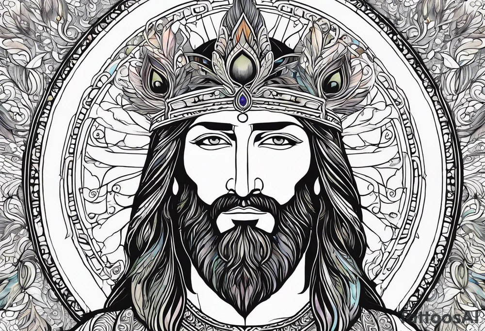 flat stern byzantine Christ with all-demanding eyes with a halo made of peacock feathers tattoo idea