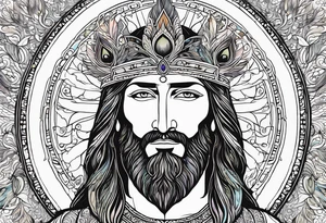 flat stern byzantine Christ with all-demanding eyes with a halo made of peacock feathers tattoo idea