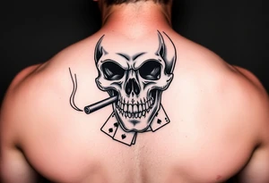 skull with a smoking cigar in his mouth,playing cards,money. tattoo idea