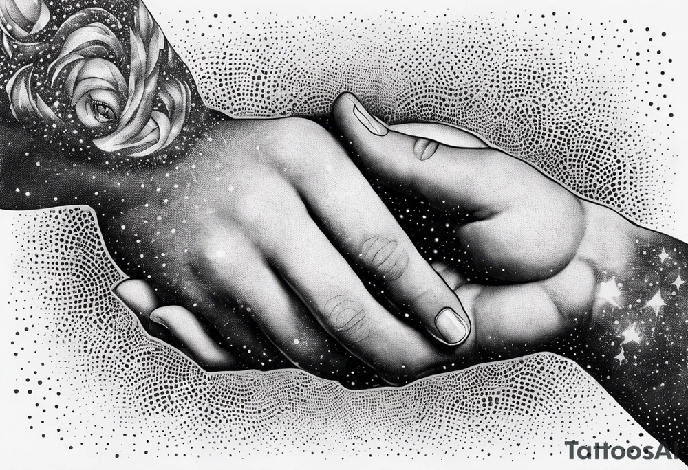 The Creation of Adam after Michelangelo`s fresco, vector hands, illustration that create a galaxy in Dotwork style tattoo idea