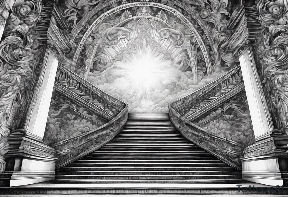 Staircase that goes up to heaven and ends at the gates of heaven. at the end there is a bright light tattoo idea