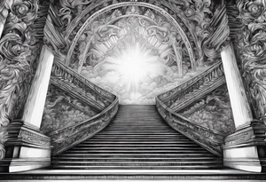 Staircase that goes up to heaven and ends at the gates of heaven. at the end there is a bright light tattoo idea