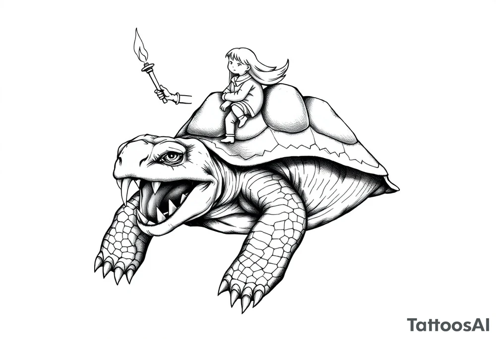 powerful and angry turtle with huge teeth and a tiny person who is very upset riding on the back holding a torch tattoo idea