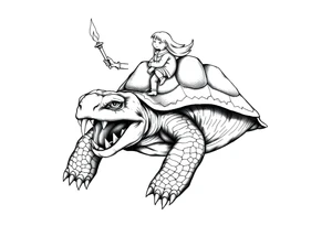 powerful and angry turtle with huge teeth and a tiny person who is very upset riding on the back holding a torch tattoo idea