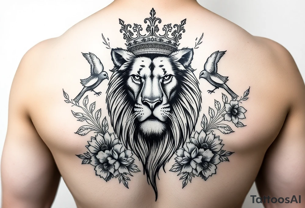 powerful majestic lion with a crown, surrounded by floral ornaments and birds tattoo idea