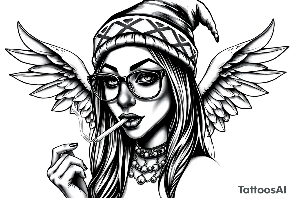 beautiful long hair pin up Clown face Girl payasa  thug beanie eyeglasses  angelic wings smoking a cigarette tattoo idea