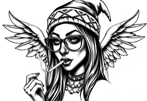 beautiful long hair pin up Clown face Girl payasa  thug beanie eyeglasses  angelic wings smoking a cigarette tattoo idea