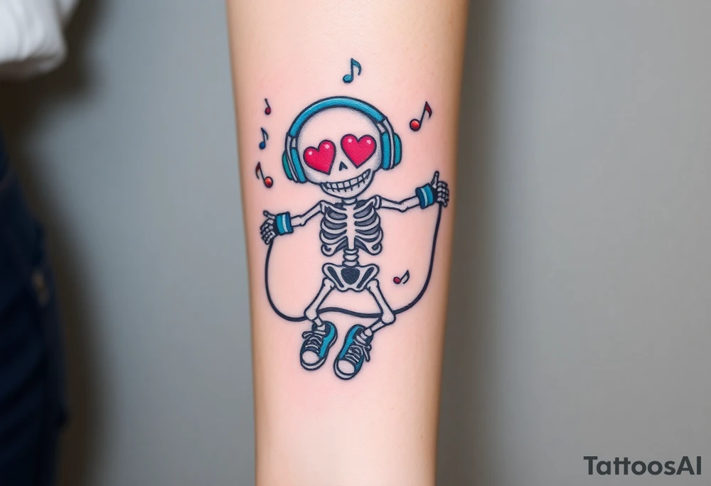 Cute smiley skeleton with heart shape eyes  jumping on a jump rope with both hands blue headphones blue armbands blue sneakers and colorful  music notes around his head tattoo idea