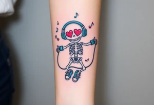 Cute smiley skeleton with heart shape eyes  jumping on a jump rope with both hands blue headphones blue armbands blue sneakers and colorful  music notes around his head tattoo idea