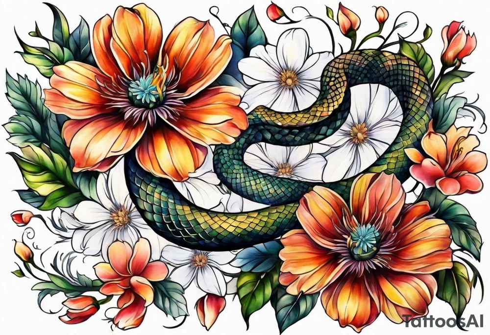 snake and flowers, spine tattoo cover up tattoo idea