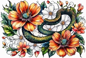 snake and flowers, spine tattoo cover up tattoo idea