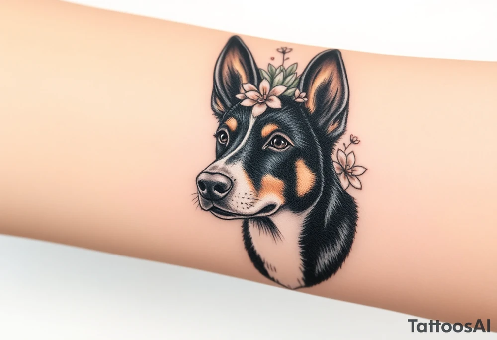 black merle austrailian cattle dog with succulents and flowers surrounding her head tattoo idea