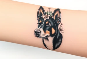 black merle austrailian cattle dog with succulents and flowers surrounding her head tattoo idea
