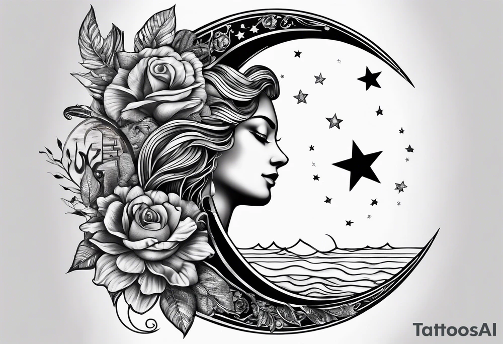 Collage for full left arm sleeve with:
a sun with a quarter moon, 
2 stars,
bass guitar, 
caduceus symbol tattoo idea