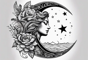Collage for full left arm sleeve with:
a sun with a quarter moon, 
2 stars,
bass guitar, 
caduceus symbol tattoo idea