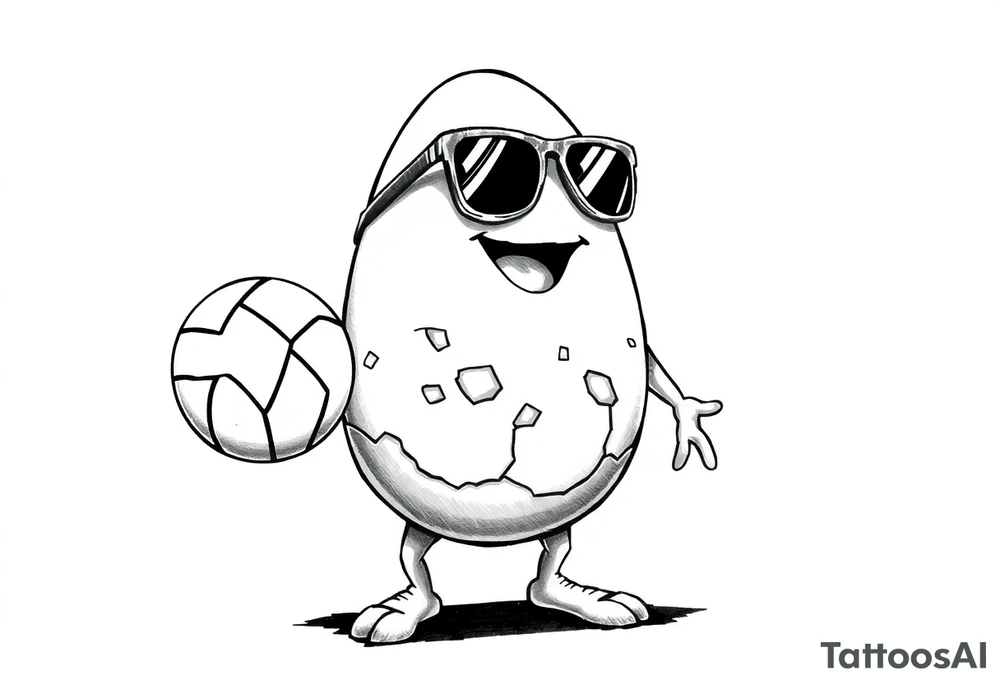 walking egg in snickers with cracked sheel in sunglasses, holding a volleyball tattoo idea