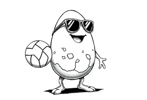 walking egg in snickers with cracked sheel in sunglasses, holding a volleyball tattoo idea