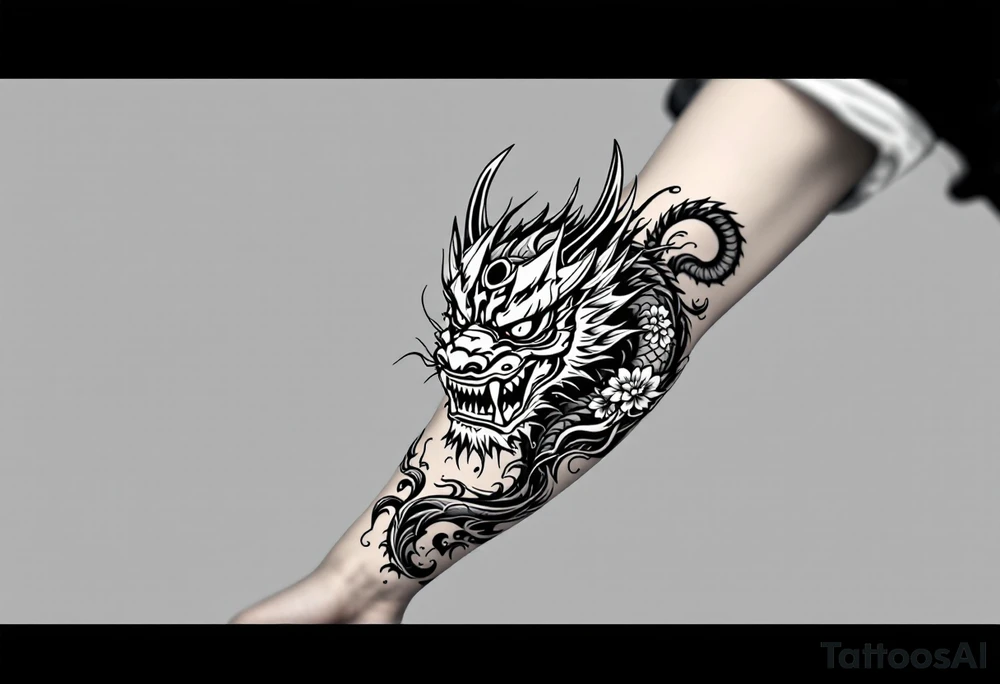 Japanese style forearm tattoo that shows a dragon an oni mask or warrier with incorporating some flower petals tattoo idea