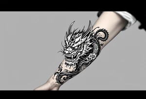 Japanese style forearm tattoo that shows a dragon an oni mask or warrier with incorporating some flower petals tattoo idea