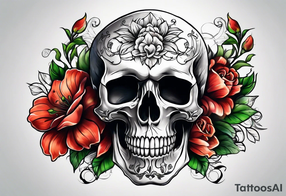 skull with flowers growing on it tattoo idea