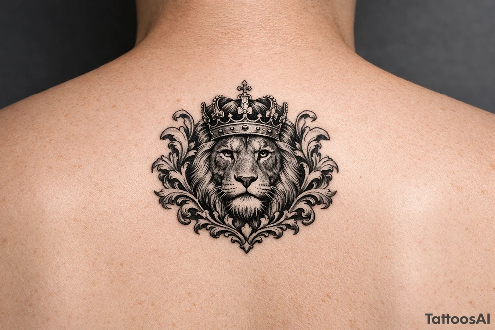 powerful majestic lion with a crown, framed by ornate floral scrollwork tattoo idea