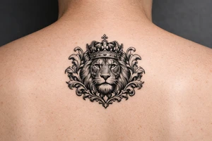 powerful majestic lion with a crown, framed by ornate floral scrollwork tattoo idea