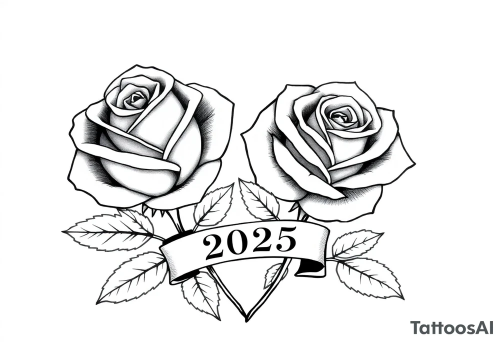 two beautiful large rose buds, one larger than the other, with many leaves next to the rose buds, with one sitting slightly higher than the other, side-by-side.  Include a banner connecting the two roses with the year 2025 on it.   Use dark outlines with little shading. No stems tattoo idea