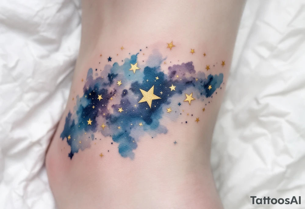 Capricorn stars inked in metallic gold, forming a delicate arc across a watercolor galaxy. tattoo idea