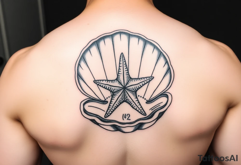 Open clamshell with starfish rendered in the art styles used during World War Two tattoo idea